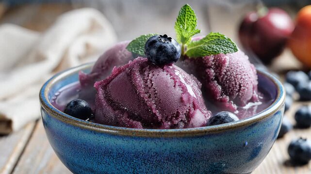 Close up of cold sweet dessert with fruit and mint garnish