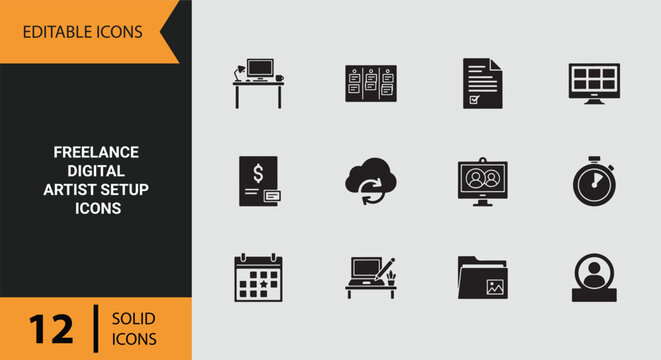 Freelance Digital Artist Setup Icons Independent Creative Workspace and Professional Design Equipment