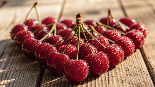 Close up of fresh red cherries arranged in heart shape on wooden surface with natural sunlight