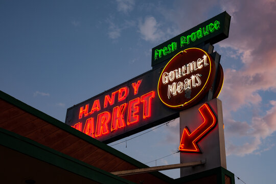 Neon sign for Handy Market, a local grocery store in Burbank, California, May 2020