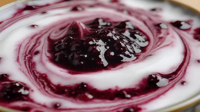 Creamy dairy dessert swirled with dark berry compote close up healthy breakfast or snack