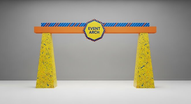 3D render of a colorful event arch with text, standing against a neutral gray backdrop