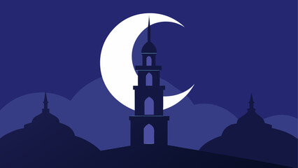 Crescent moon over dark mosque silhouette © sumona