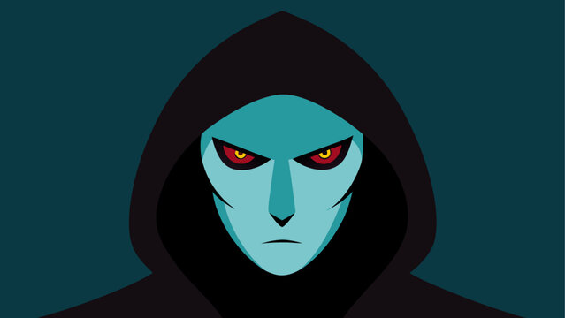 Hooded figure with glowing red eyes stare