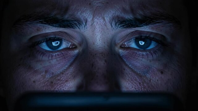 The captures a moment of contemplation or exhaustion, focusing on the person's intense gaze and weary features. The blue hue and soft lighting add to the introspective mood of the .