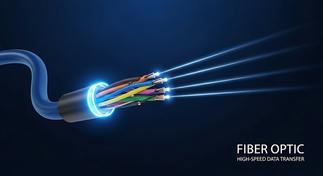3D render of a fiber optic cable, glowing, with data streams on a dark blue background