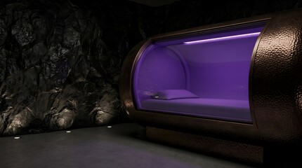 Obraz premium A futuristic purple pod sits on a dark floor in a dimly lit room with a textured wall and metallic appearance with technology.