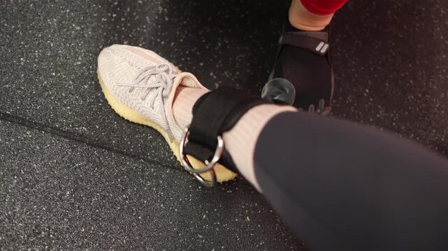 Trainer secures an ankle strap before a cable machine workout helping her client prepare for lower body exercises with proper setup and safe technique