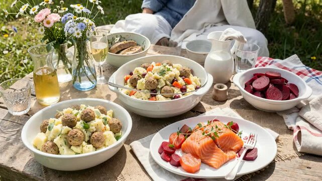 A vibrant assortment of food items arranged on a wooden table outdoors, ready for an alfresco meal.