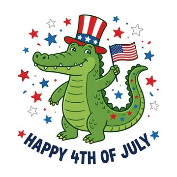 Patriotic alligator celebrating 4th of july with american flag