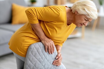 Fototapeta premium Elderly woman experiencing hip pain while trying to stand up from a chair, showing discomfort and agony.