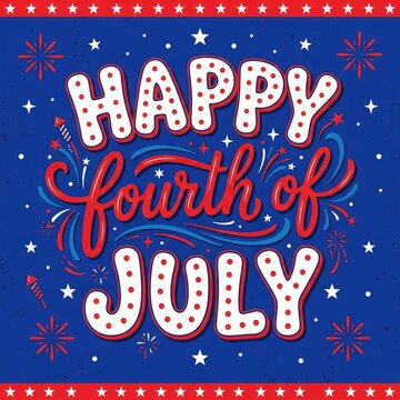 Festive fourth of july typography design with fireworks and stars