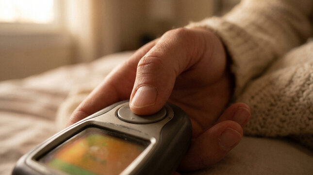 Close Up View of a Finger Pressing the Scan Button on a Medical Glucose Monitor, Hypoglycemia