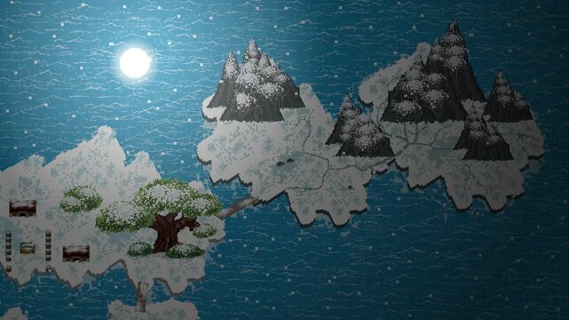 Pixel art animation of a medieval fast travel map with snow over the sea with trees and mountains, moon, night, art, vintage, pixel.