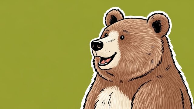 Smiling brown bear face drawn in simple cartoon style on green.