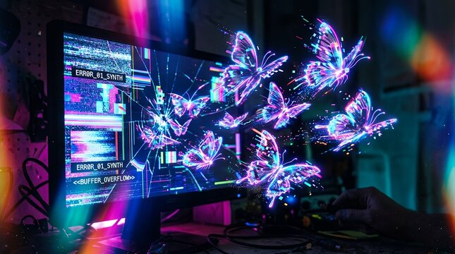 Digital Butterflies Swarm from Screen in Futuristic Glow.