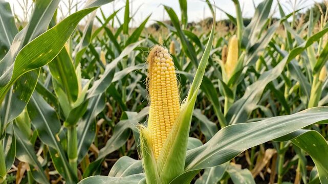 Vibrant yellow corn on cob in a field with green stalks and leaves.