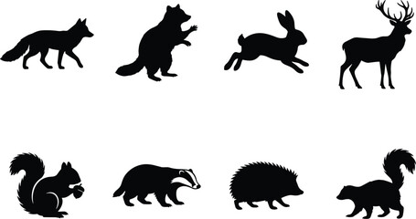 Obraz premium Vector silhouettes of woodland animals including fox, raccoon, rabbit, deer, squirrel, badger, hedgehog, and skunk designs