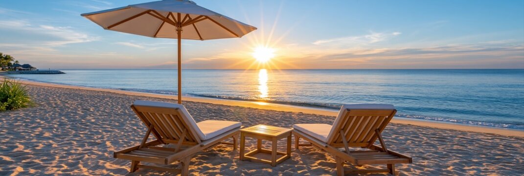 Serene beach scene with lounge chairs and umbrella at sunset with sunburst over the ocean