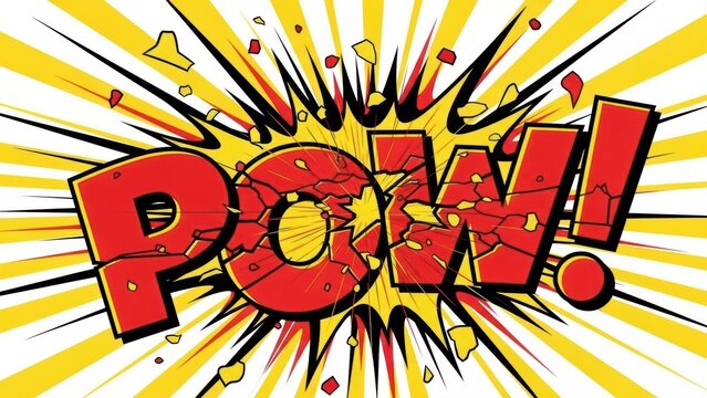Comic book pow text explosion graphic in red and yellow action starburst.