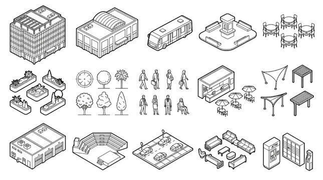 Isometric CAD block collection urban architecture symbols buildings people furniture
