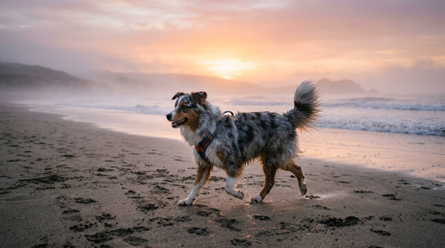 A beautiful blue merle Australian Shepherd dog walks along a misty sandy beach at sunrise or sunset, with the ocean and coastline in the background.