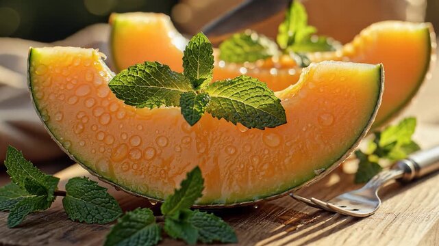 Fresh cantaloupe slices garnished with mint leaves served on wooden board with sunlight