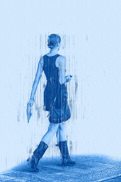 Glitch effect silhouette of a woman with a bag seen from behind walking