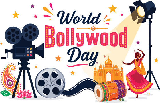 World Bollywood Day simple flat vector illustration featuring a generic movie camera