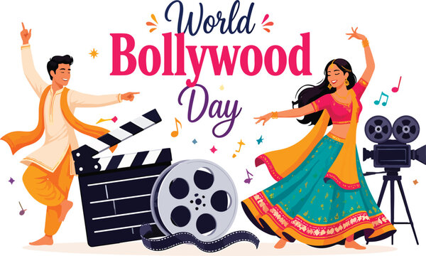 World Bollywood Day flat vector illustration showing dancers performing joyful cultural dance beside film elements such as a clapperboard and movie reel