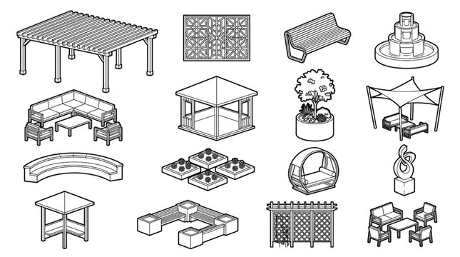 Garden landscape CAD block set pergola gazebo lounge planter fountain sculpture vector
