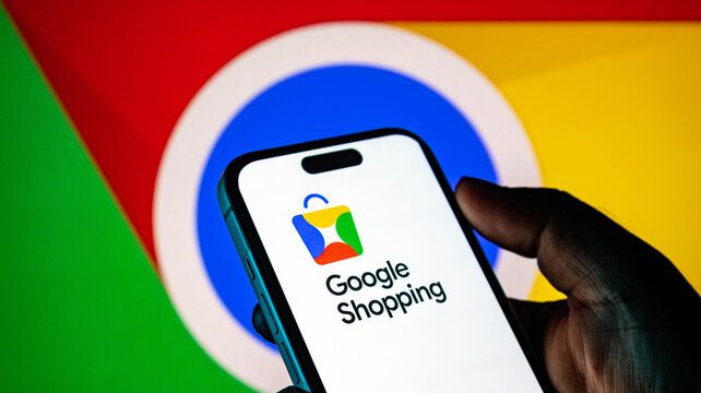 Closeup of a hand holding a smartphone displaying the google shopping logo against a chrome browser background