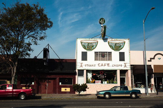 Exterior of the Rice Bowl, a classic Chinese restaurant established in 1947, Lompoc, California, December 2017