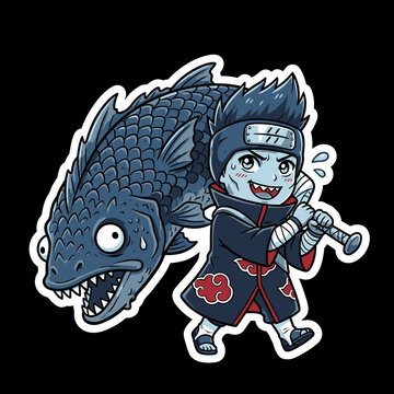 Chibi blue-skinned character in Akatsuki cloak holding a baseball bat, with a large cartoon fish with sharp teeth and surprised expression behind him.