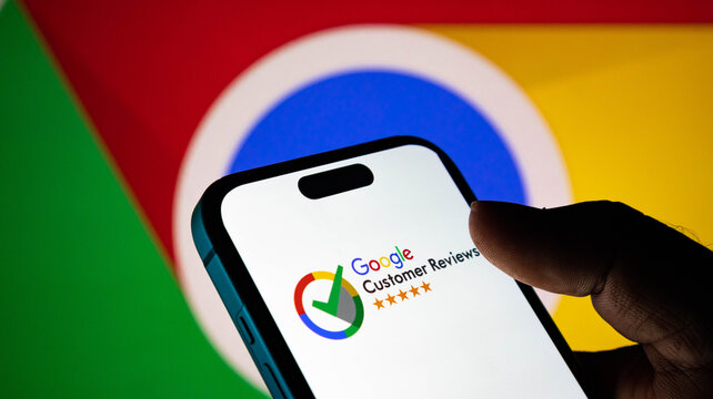 Closeup of a hand holding a smartphone displaying the google customer reviews logo with a google chrome browser icon in the background