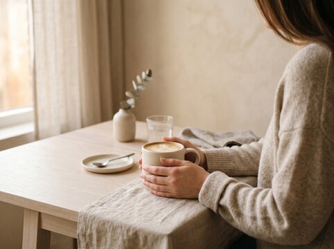 Woman Holding a Warm Cup of Coffee with Latte Art on a Cozy Table Setting