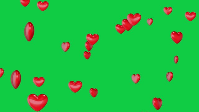 valentines day 3d hearts falling isolated on green screen background, chroma key love and romantic valentine social media overlay motion design element