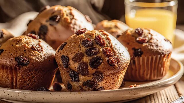 Freshly baked raisin muffins with glass of orange juice close up healthy breakfast concept