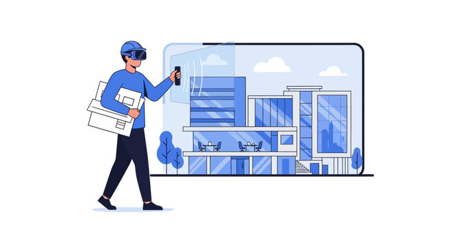 Architect wearing VR headset and holding blueprints visualizing a 3D digital building project. Future of construction, smart city design and virtual reality engineering concept.