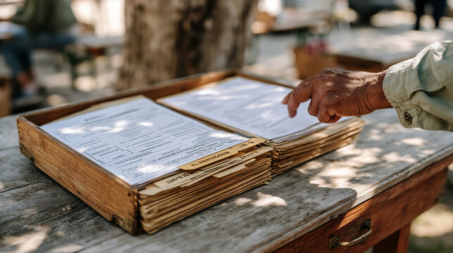 Accordion document folder splayed open on an outdoor picnic table at a back-to-school registration drive, forms and information packets organized by tab, a volunteer's hand