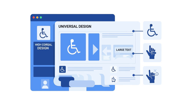 Universal Design and Web Accessibility Concept Illustration Featuring Inclusivity Icons and High Contrast UI for ADA Compliance