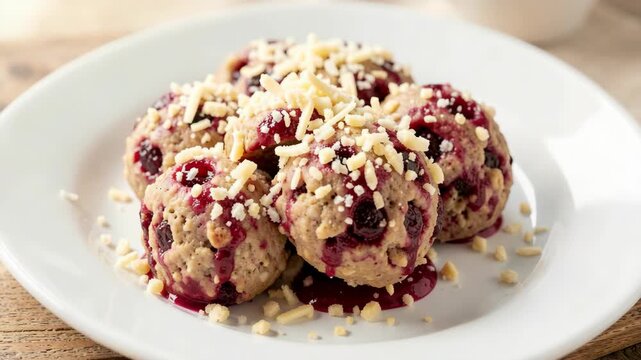 Plate of fresh muffins with blueberries and chopped pecans on a rustic wooden table.
