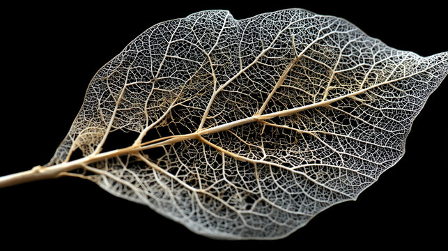 Detailed close-up of a delicate skeletal leaf with intricate vein patterns on black background