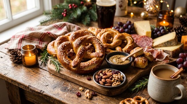 Thanksgiving feast pretzels cheese charcuterie and coffee on rustic wood table