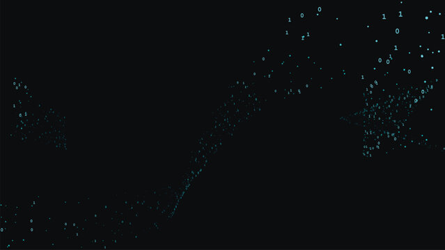 Abstract flowing 3D binary data wave on dark background