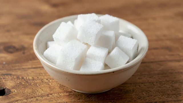 White sugar cubes in a ceramic bowl on wooden surface