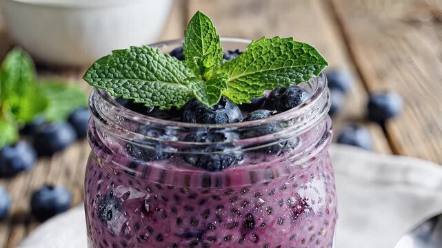 Healthy chia seed pudding with blueberries and mint garnish in glass jar overhead view