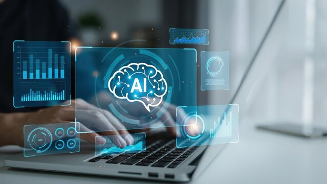 Person using a laptop with digital artificial intelligence brain and data interface