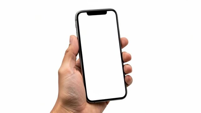 A person's hand holding up a smartphone with its display turned off against a white background.