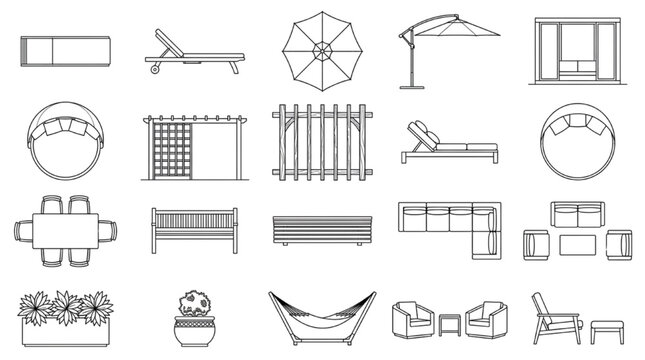 Outdoor furniture plan view CAD block set sunbed pergola bench hammock sofa vector symbols
